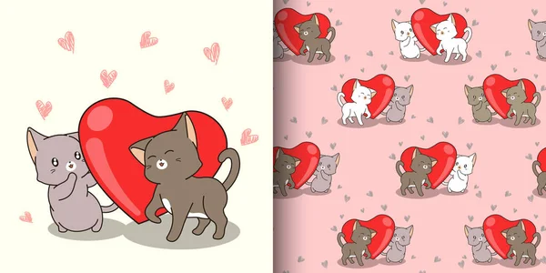 Padrão Sem Costura Personagens Gato Kawaii Coração Vermelho —  Vetores de Stock