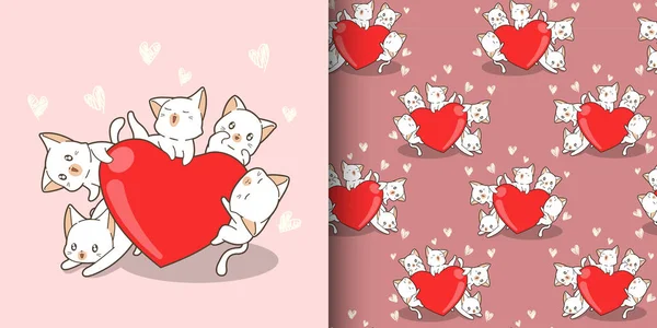 Naadloos Patroon Kawaii Kat Personages Zijn Knuffelen Groot Hart Valentijnsdag — Stockvector