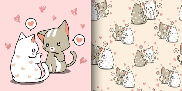 Padrão Sem Costura Kawaii Casal Gato Estão Sussurrando Amor Com — Vetor de Stock