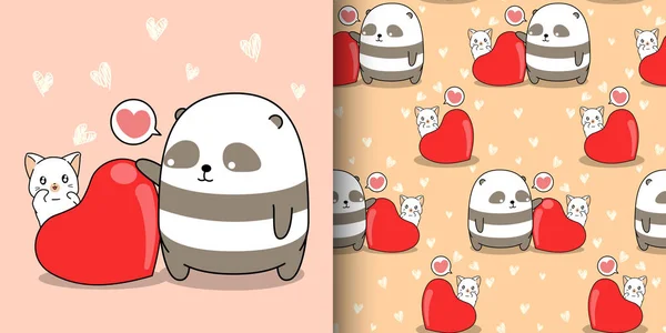 Seamless Pattern Kawaii Panda Cat Characters Big Heart Valentines Day — Stock Vector