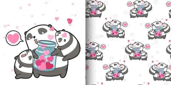 Padrão Sem Costura Kawaii Panda Está Carregando Corações Garrafa Para —  Vetores de Stock