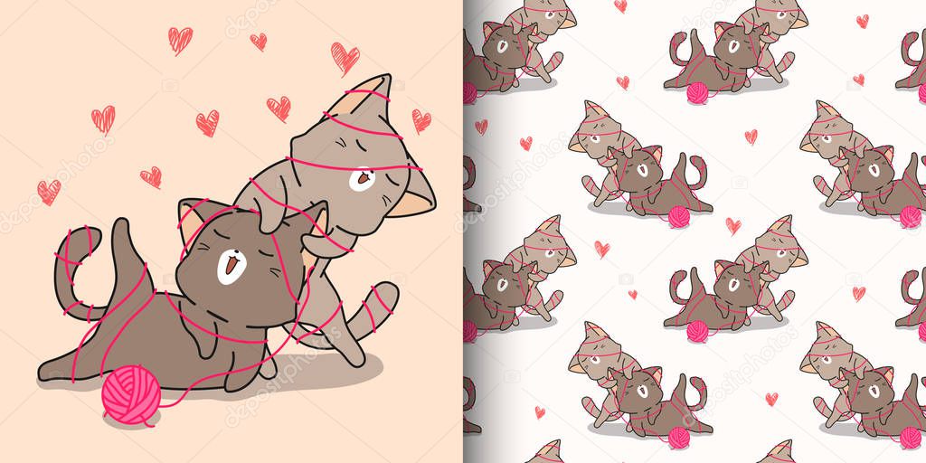 Seamless pattern kawaii cat characters and red heart