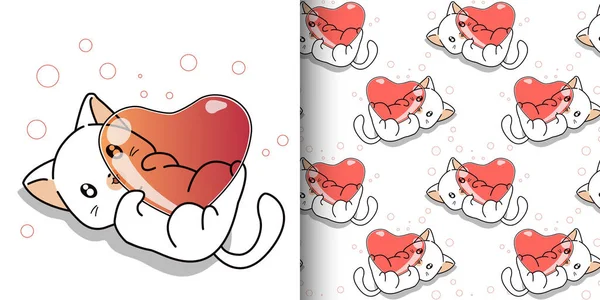 Patrón Sin Costuras Kawaii Gato Hungging Corazón — Archivo Imágenes Vectoriales