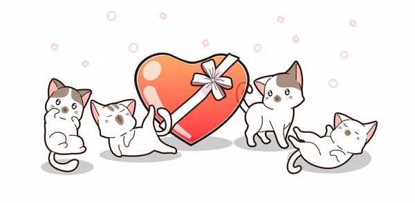 Banner Adorable Cats Jelly Heart Bow — ストックベクタ