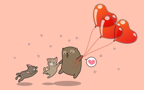 Kawaii Bär Und Katzen Fliegen Valentinstag Mit Herzballons — Stockvektor