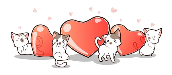 Banner Kawaii Cats Jelly Hearts Valentines Day — Stok Vektör