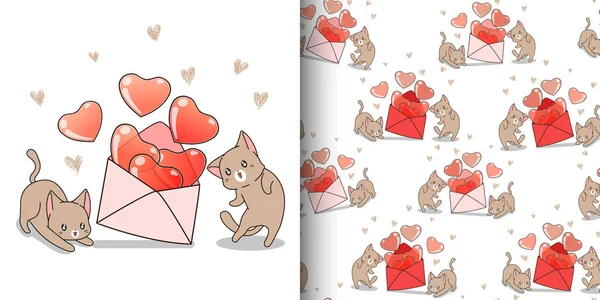 Padrão Sem Costura Kawaii Gato Com Coração Que Dentro Envelope —  Vetores de Stock
