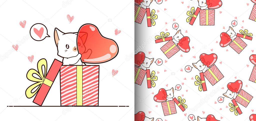 Seamless pattern kawaii cat inside a box which is carrying big heart