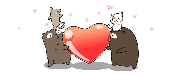 Banner Kawaii Ursos Estão Carregando Coração Com Gatos Para Dia — Vetor de Stock