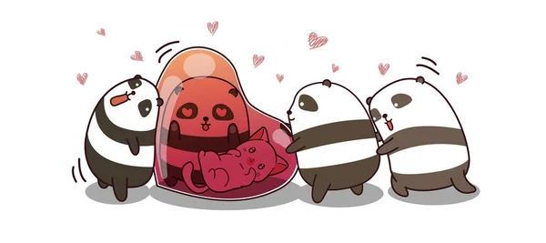 Kartun Panda Banner Kawaii Hari Valentine - Stok Vektor