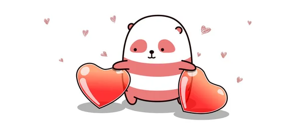 Banner Kawaii Pink Panda Velkými Srdci — Stockový vektor