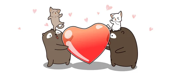 Banner Kawaii Bears Carrying Heart Cats Valentines Day — Stock Vector