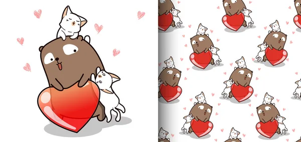 Padrão Sem Costura Urso Kawaii Gatos Com Coração —  Vetores de Stock