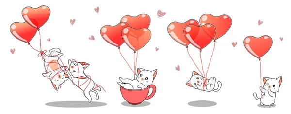 Banner Kawaii Cat Characters Heart Balloons — Stock Vector