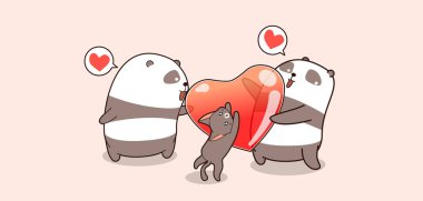 Banner kawaii pandalar ve kalbi olan bir kedi