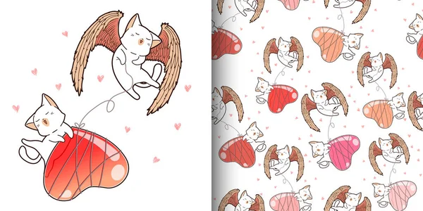 Padrão Sem Costura Kawaii Gato Cupido Com Balão Coração —  Vetores de Stock