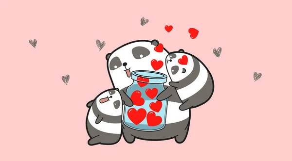 Banner Kawaii Panda Drží Srdce Uvnitř Láhve Přáteli — Stockový vektor