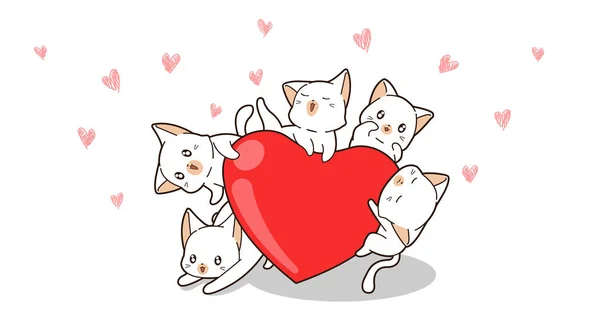 Banner Kawaii Cats Hugging Heart — Stock Vector
