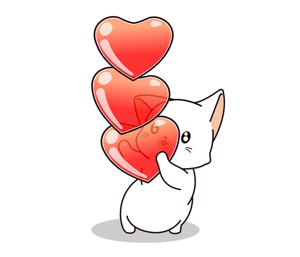 Adorable Cat Holding Hearts White Background — Stock Vector