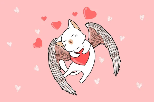 Kawaii Cupido Gato Com Fundo Coração —  Vetores de Stock