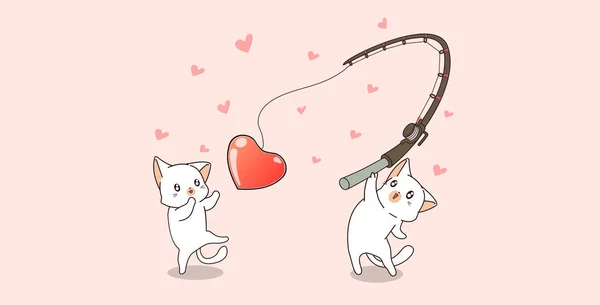 Banner Kawaii Cat Characters Fishing Heart — Stock Vector