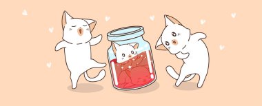 Pankarttaki el çizilmiş kawaii kedi karakterleri şişenin içindeki yavru kedilere bakıyor.