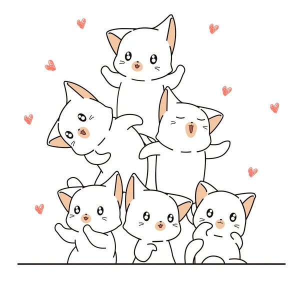 Personagens Gato Kawaii Desenhados Mão Estão Felizes Com Mini Corações —  Vetores de Stock