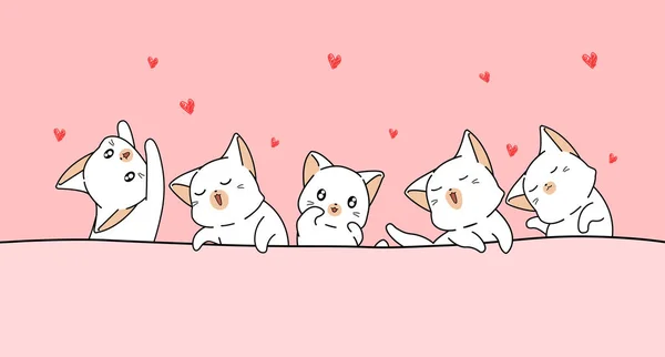 Banner Kawaii Kočky Milují Mini Srdce — Stockový vektor