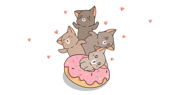 Karakter Kucing Spanduk Dengan Donat Pink - Stok Vektor