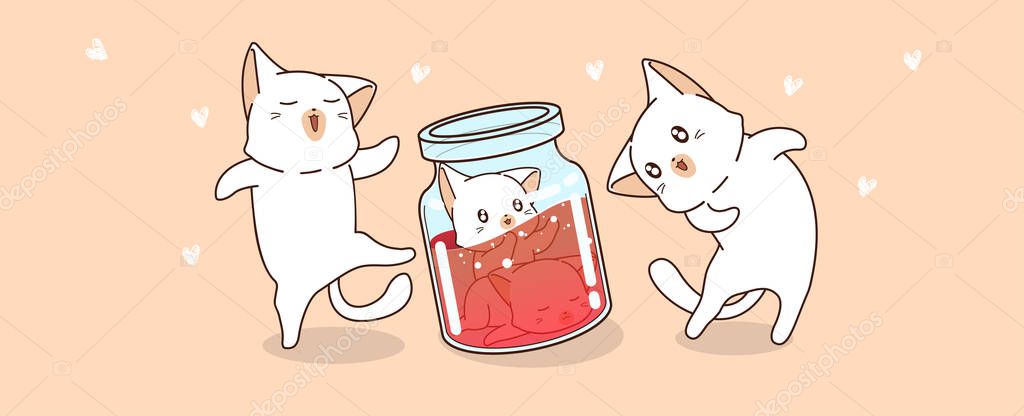 Banner hand drawn kawaii cat characters are looking baby cats which inside bottle