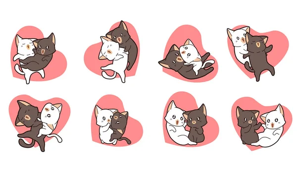 Diferentes Personajes Adorables Gato Pareja Con Corazón Rosa — Vector de stock