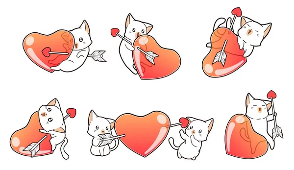 Personagens Gato Adorável Coração Perfurado Com Seta Amor — Vetor de Stock