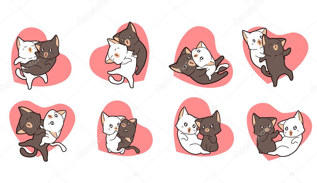 8 different adorable couple cat characters with pink heart