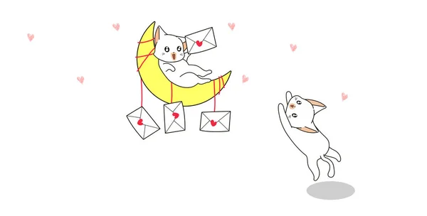 五彩斑斓的猫在月亮上握着情书 — 图库矢量图片