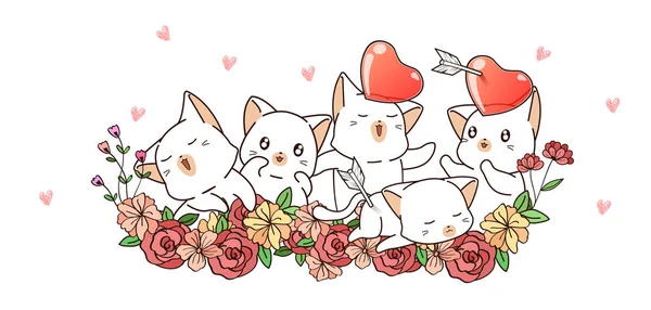 在花朵上挂上可爱的猫和心的横幅 — 图库矢量图片