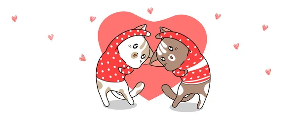 Bannière Kawaii Chats Agissent Avec Cœur Pour Saint Valentin — Image vectorielle