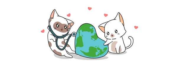 Gatos Bonitos Estão Cuidando Terra —  Vetores de Stock