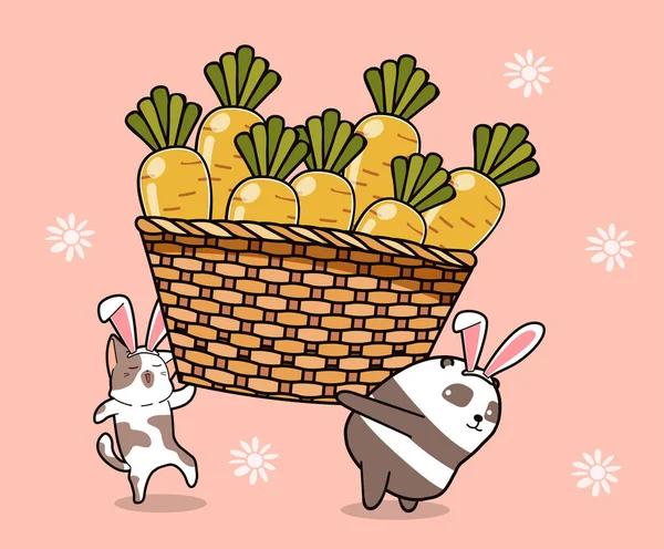 Маленькие Кролики Несут Большую Морковку — стоковый вектор