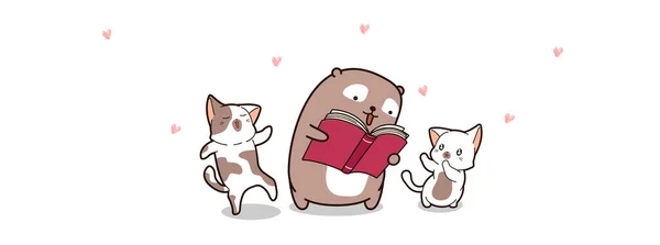 Bär Und Katze Lesen Buch Beim Welttag Des Buches — Stockvektor