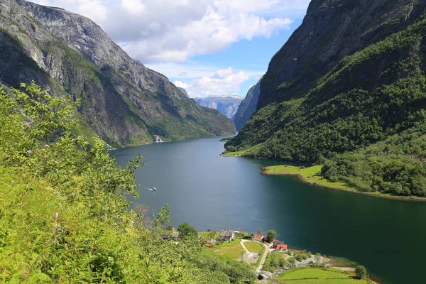 Naeroyfjord Idylický Fjord Krajina Odraz Loď Trajekt Norsko Skandinávie — Stock fotografie