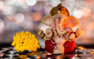 Bozuk paraların üzerinde küçük bir Ganesha heykeli ve bir de sizin paranız.