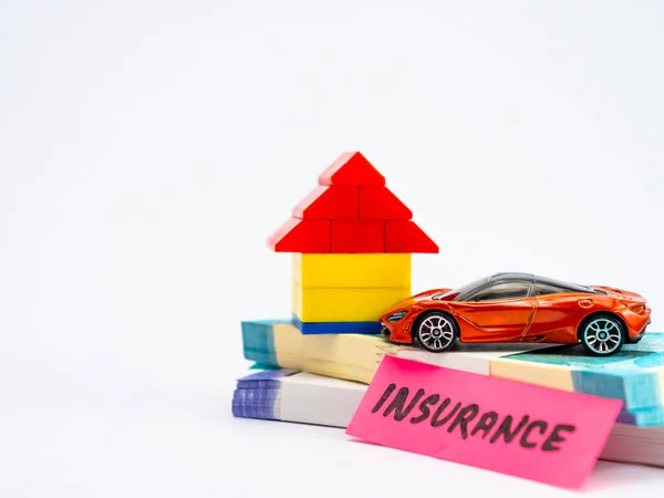 Lego House Toy Car Money Notes Insurance Word Sho — Stock Photo, Image