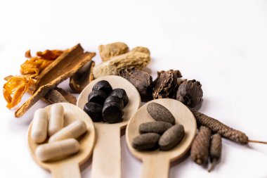 Tahta kaşıklarla Ayurvedic ilaç beyaz arka planda çeşitli Hint baharatları ve sağ üst köşede kopya alanı. Ayurveda kavramı
