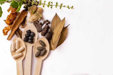 Beyaz arka planda yeşil oktav ya da tül yapraklı ahşap kaşıkta farklı baharat ve ayurvedic ilaç koleksiyonu. Ayurvedic tıp konsepti