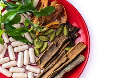  Bitkisel tıp konsepti. Yüksek açılı tarçın, kakule, javitri ve ayurvedik kapsüller beyaz arka planda bir tabakta.