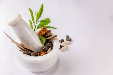 Doğal tıp konsepti. Tarçın, kuru zencefil, siyah kakule, biber gazı (javitri), uzun biber ve yeşil yapraklar beyaz harç ve tokmak ve beyaz arka planda dağınık ayurvedik haplar