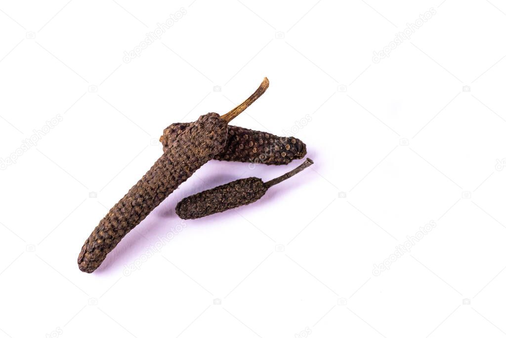 three Brown long pepper pipali on white background. herbal medicine concept