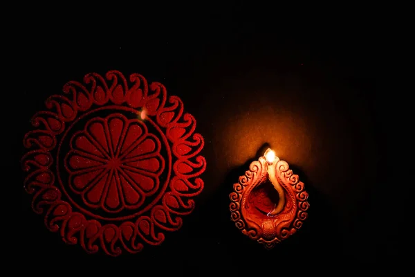 Close Shot Terracota Lamp Rangoli Festival Light Concept — Stock Photo, Image