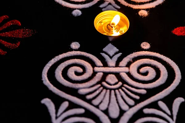 Extreme Close Beautiful Lamp White Red Rangoli Black Background Laxmi — Stock Photo, Image