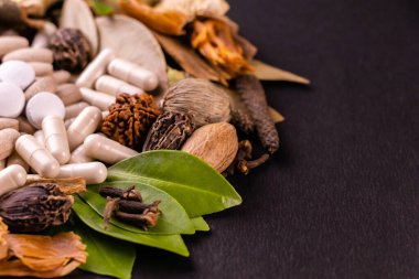 Bitkisel tıp konsepti. Yeşil yapraklı bitkisel ilaçlara yakın çekim, tarçın, siyah kakule, hindistan cevizi, karanfil, siyah arka planda javitri